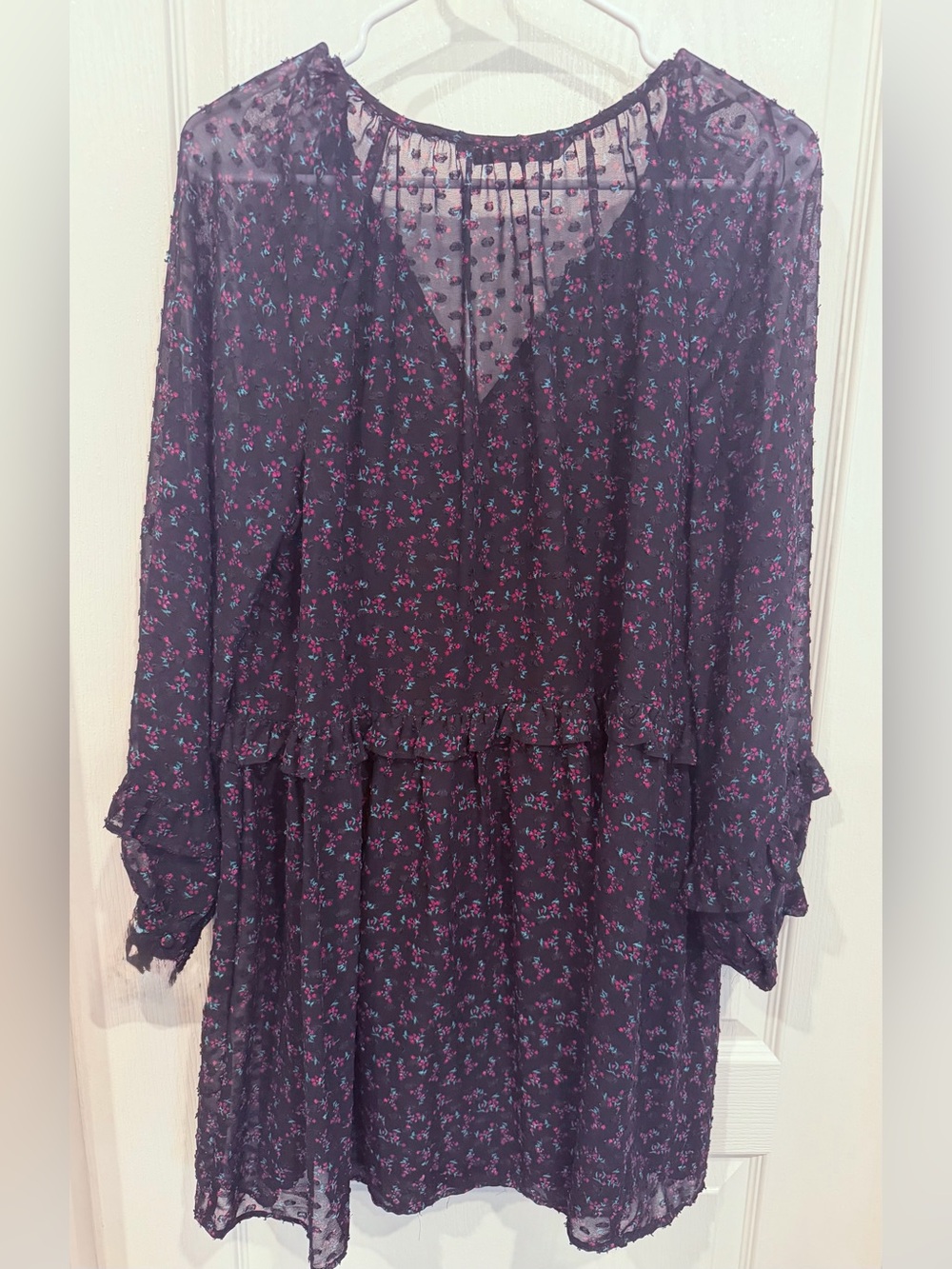 ZARA Basic Black Floral Chiffon Ruffle Mini Dress Sheer Sleeve Size M - Picture 8 of 8